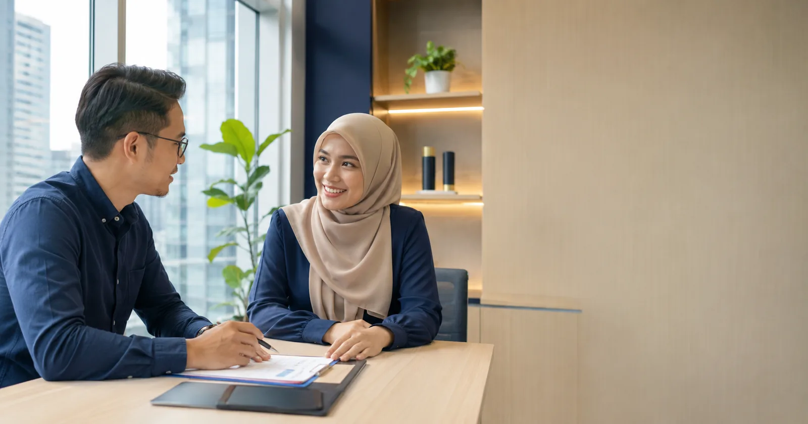 Konsultan Easy Glory Enterprise berbincang dengan pelanggan di pejabat Kuala Lumpur
